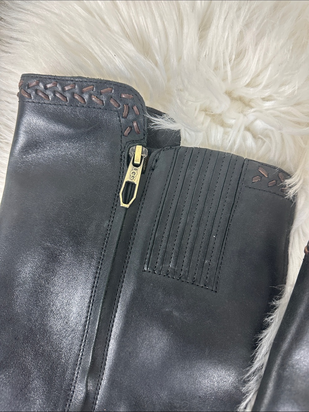UGG Black Leather Claudine Knee-High Heeled Boots 7.5 - Picture 7 of 11